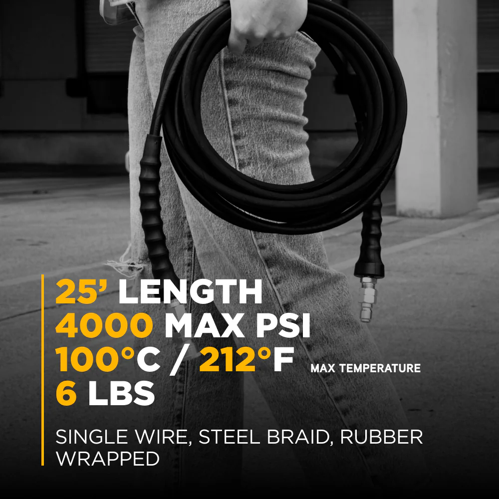 25' x 1/4" 4000 PSI Steel Braid Pressure Washer Hose with Quick Connect Fittings