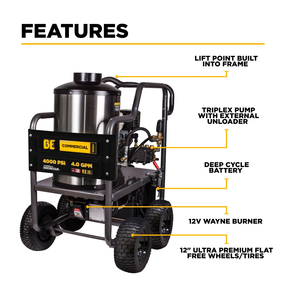 4,000 PSI 4.2 GPM Gas Direct Drive Diesel Fired Hot Water Pressure Washer with Honda GX390 Engine and General Triplex Pump