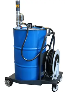 Mobile Air Operated Oil Pump Dispenser, 55 Gallons, With Hose Reel & Cart. 3-piece set.
