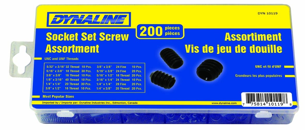 Socket Set Screw Assortment, 200 Pieces / 12 sizes SAE