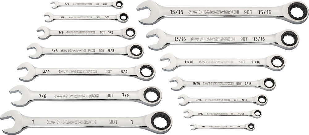 PG166 - 14-PC 90-TOOTH 12-POINT SAE COMBINATION RATCHETING WRENCH SET, 1/4"-1"
