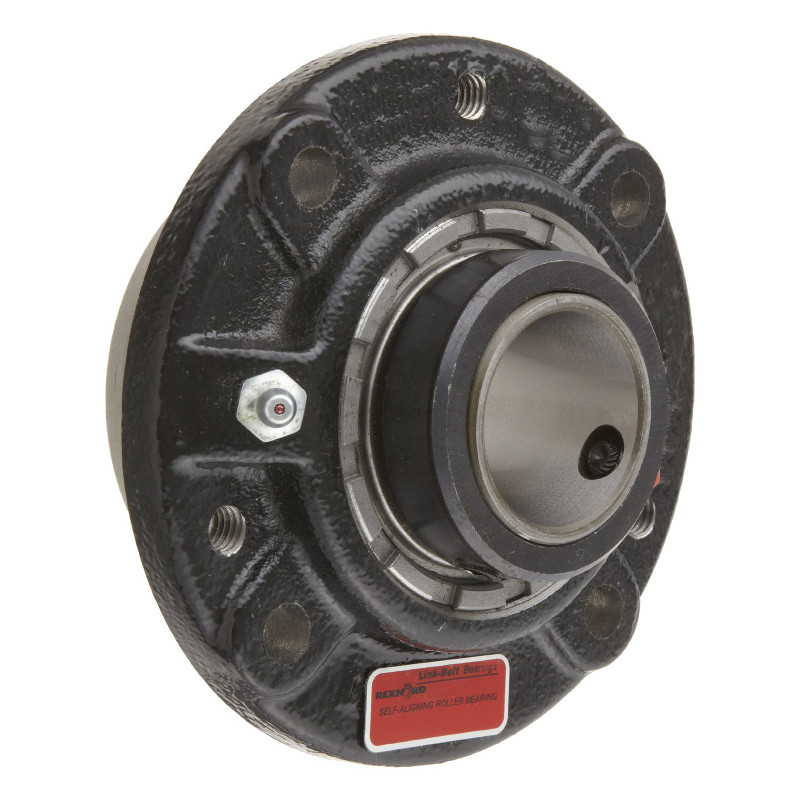 Flange Block Bearing; 4 Bolt Round Flange Cartridge; 3" Bore; 7-1/2" Bolt Circle Diameter; 5-19/64" Bolt Spacing; 1 Piece Solid; Concentric Collar; Cast Iron; Spherical Roller Bearing; Relubricatable; Floating Labyrinth Seal