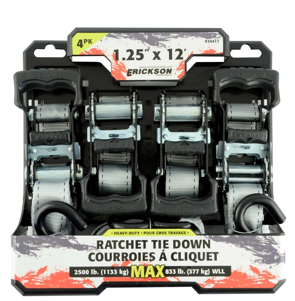 4 Pack. 1.25"x12' 2500 lb HD Ratcheting Tie Down Straps Grey