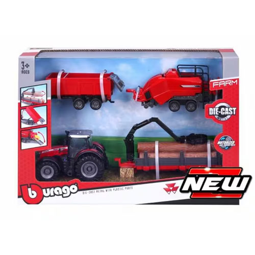 1:50 scale model of Massey Ferguson 8740S play set (includes tractor, dump trailer, baler, and forestry trailer)