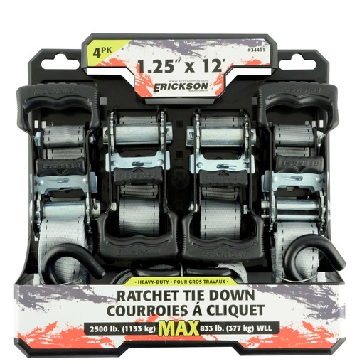 [MSC-34411] 4 Pack. 1.25"x12' 2500 lb HD Ratcheting Tie Down Straps Grey