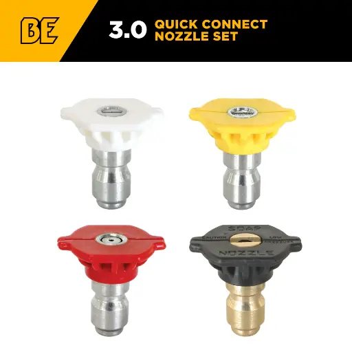 [BE-85.210.030BEP] Quick Connect Cold Water Pressure Washer 3.0 Nozzle Set. Comes with 0°, 15°, 40° and Soaper